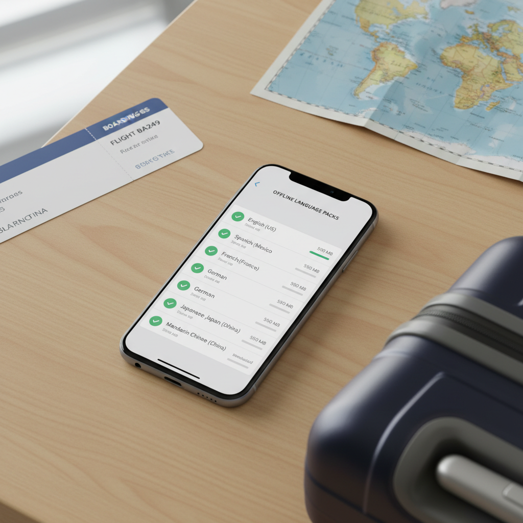 Offline translation language packs downloaded on a smartphone before an international trip