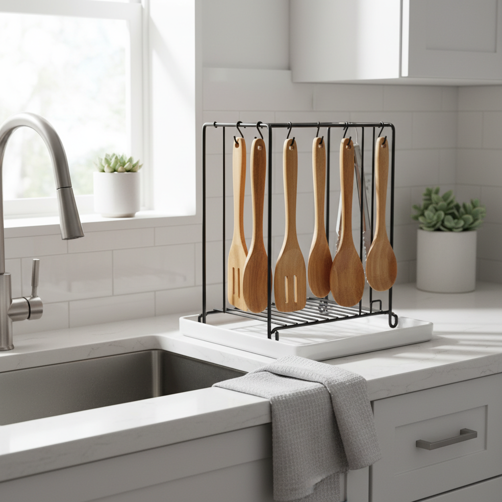 Proper cleaning and drying bamboo kitchen utensils near sink