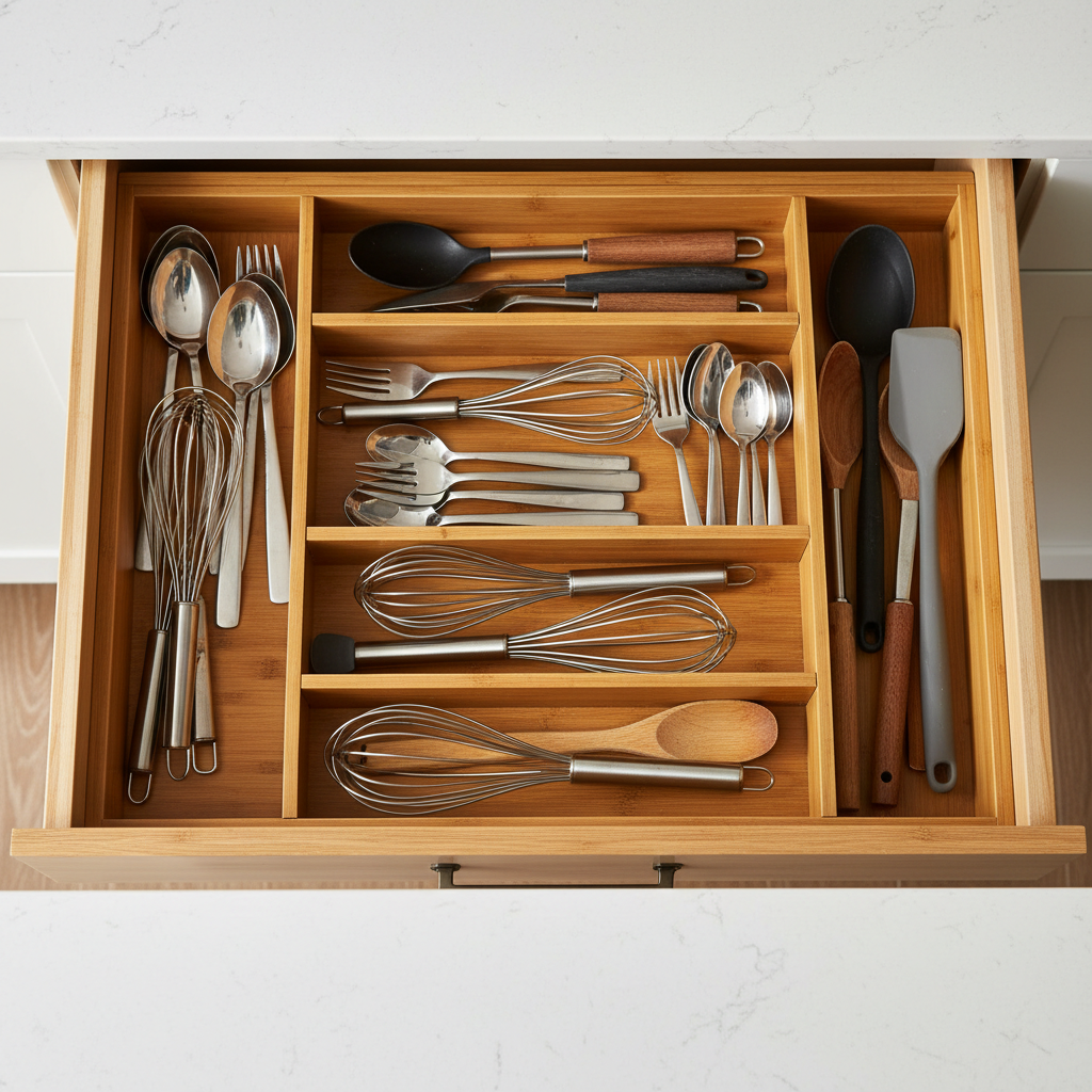 Organized kitchen utensil drawer using bamboo drawer organizers