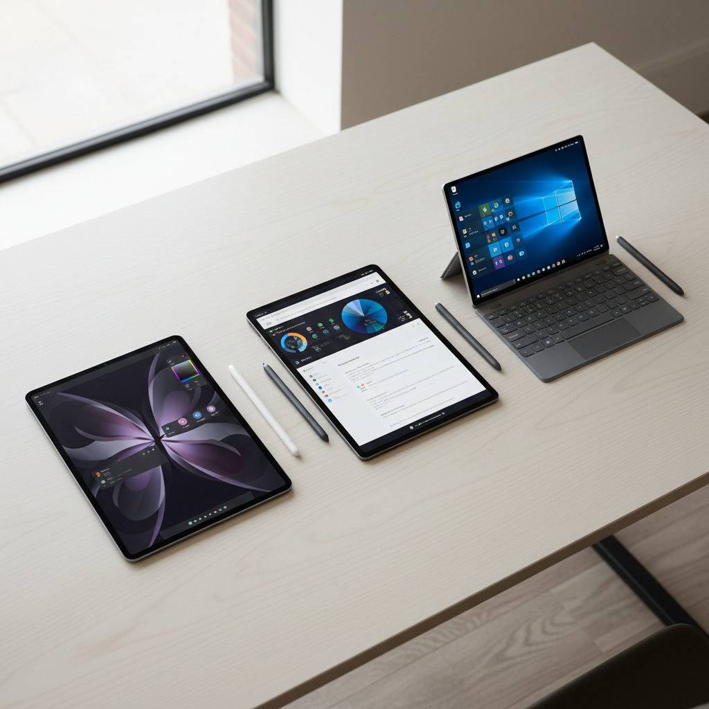 Budget tablet stylus comparison on iPad, Android tablet, and Windows 2-in-1