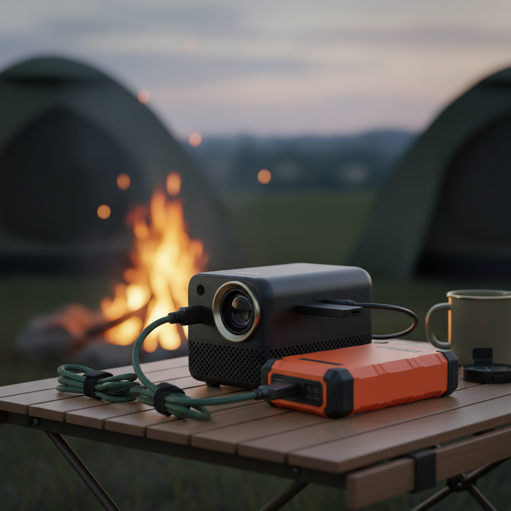 Portable projector connected to a power bank and HDMI streaming stick on a camping table