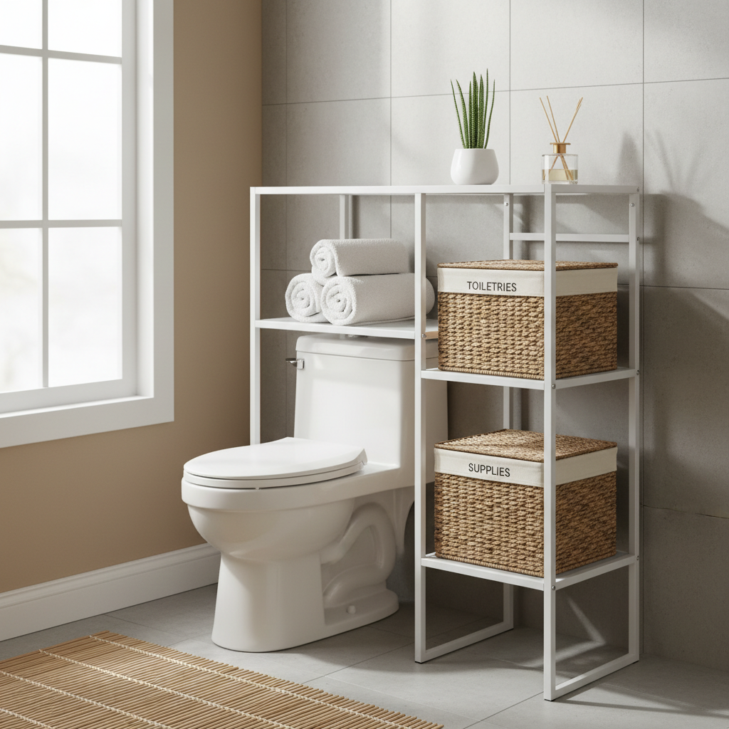 Over-the-toilet shelving unit with rolled towels and labeled baskets for bathroom towel storage ideas