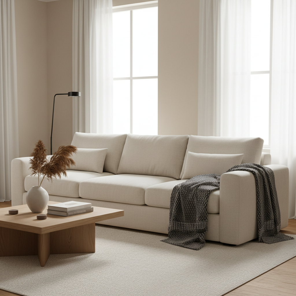 Neatly folded throw blanket placed on the arm of a modern living room couch