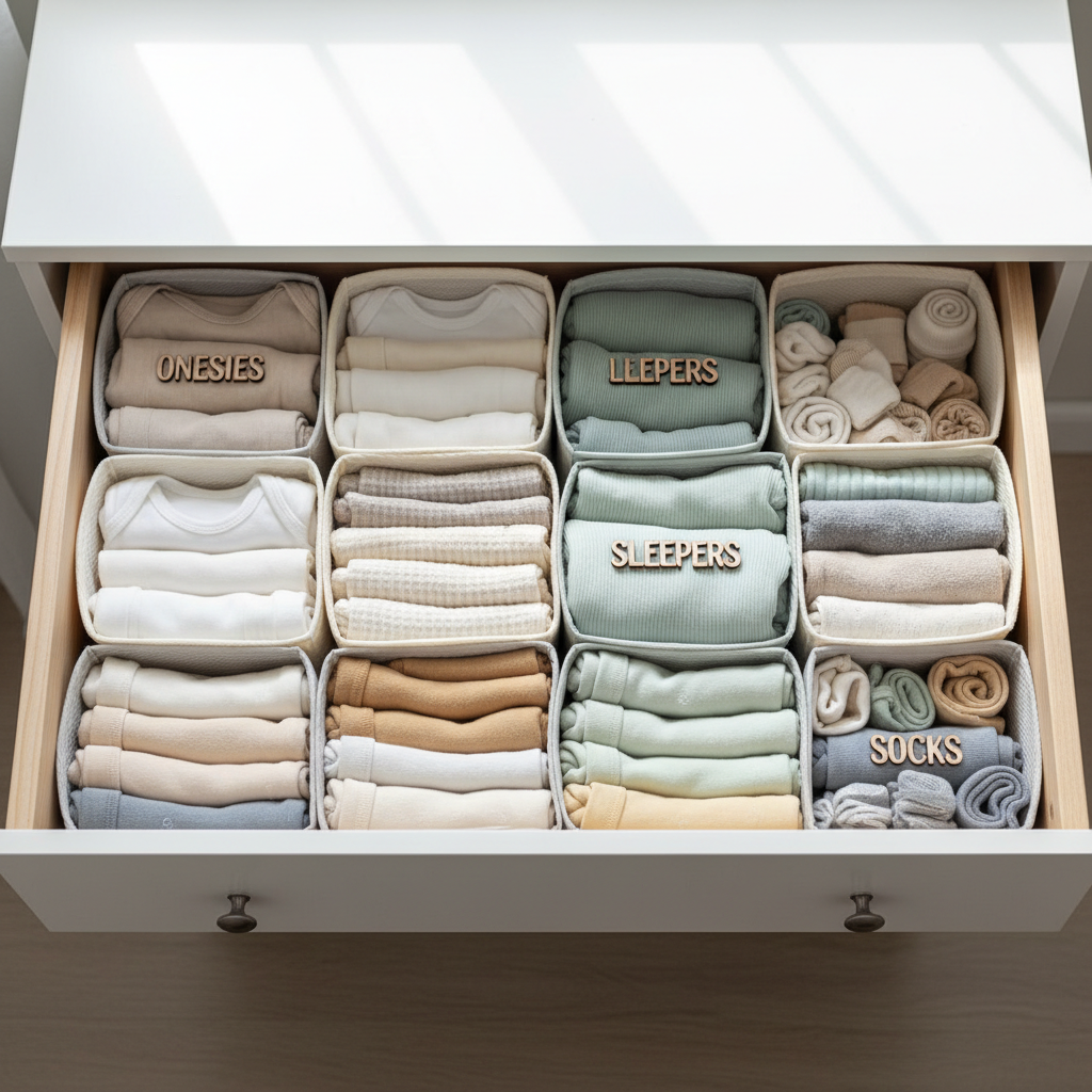 Nursery dresser drawer organization with dividers for baby clothes