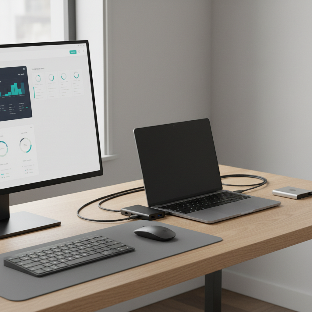 USB-C hub connected to laptop with monitor, keyboard, and external drive