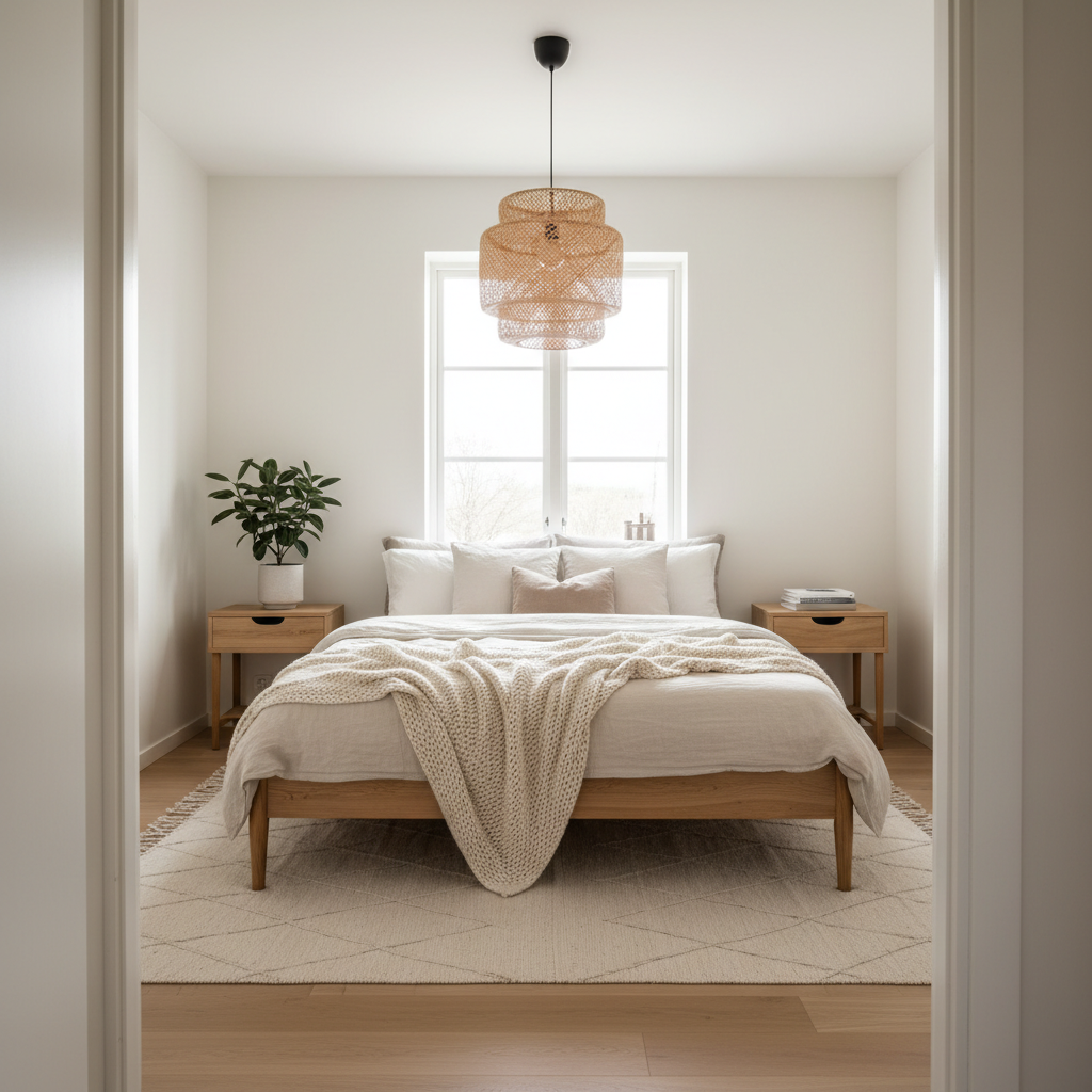 Cozy scandi boho bedroom with linen bedding, woven pendant light, and minimal decor