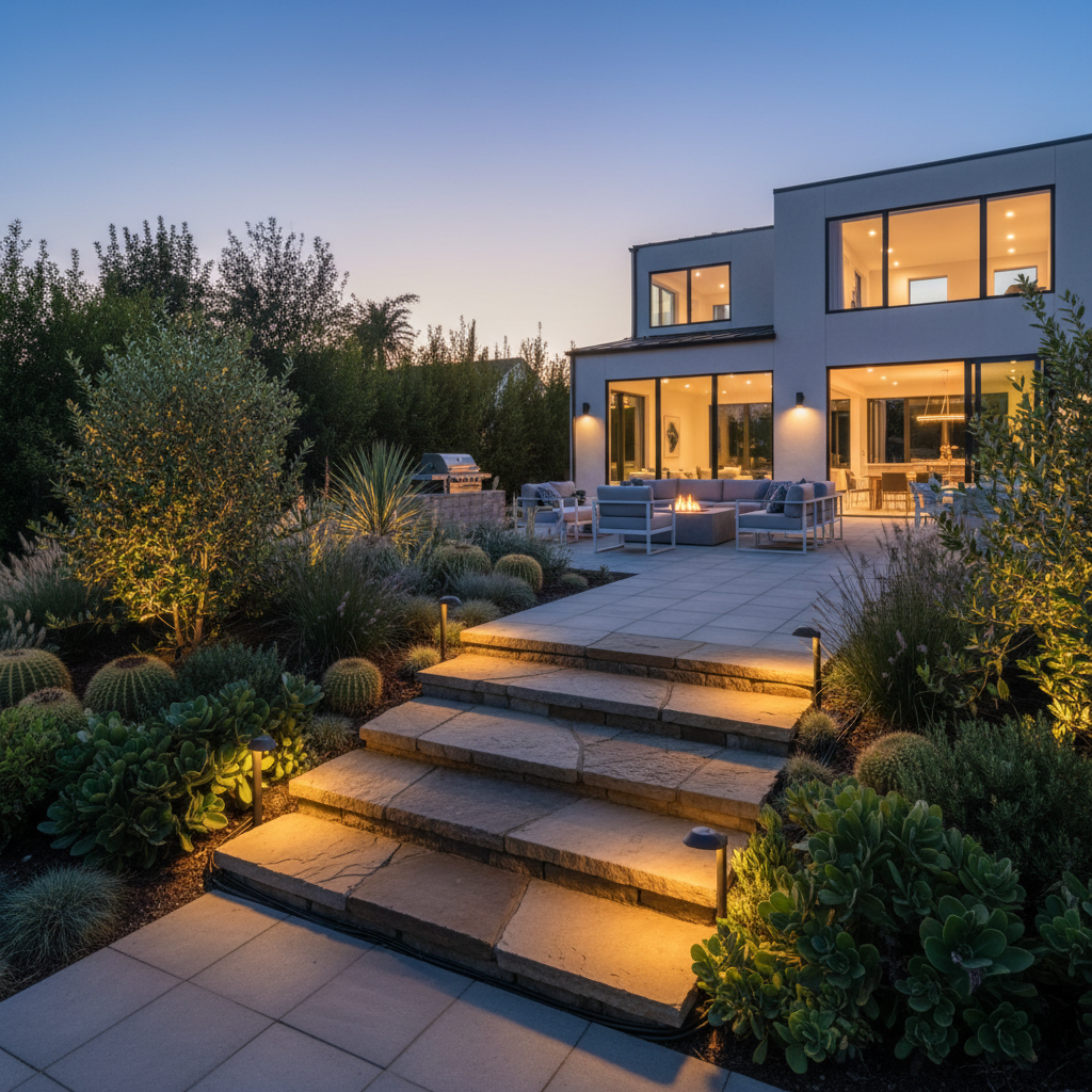 Low-voltage landscape lighting highlighting patio steps and plants