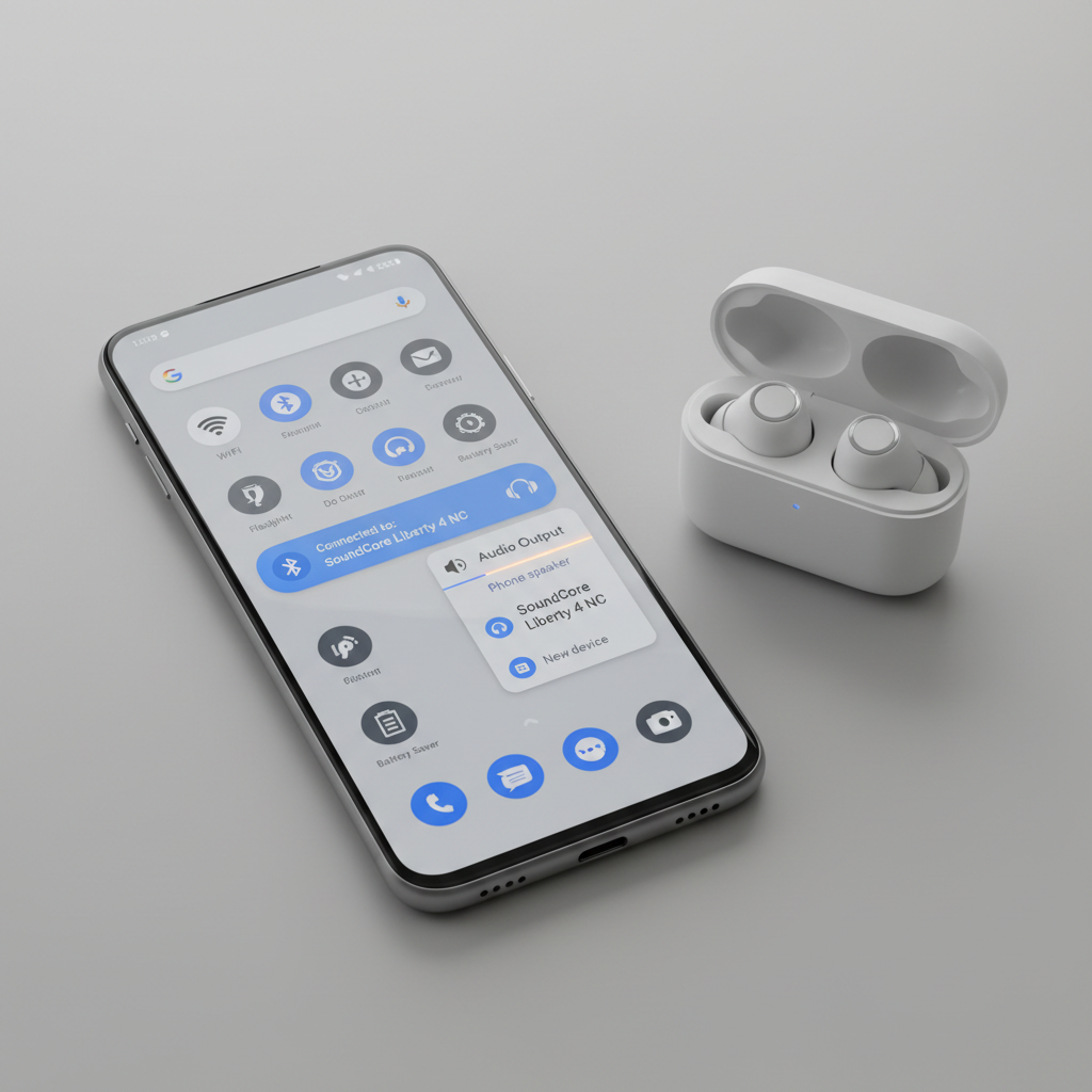 Android phone connected to Bluetooth earbuds showing audio output routing