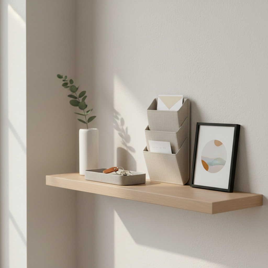 Entryway drop zone with key tray, mail sorter, and wall shelf in a small hallway