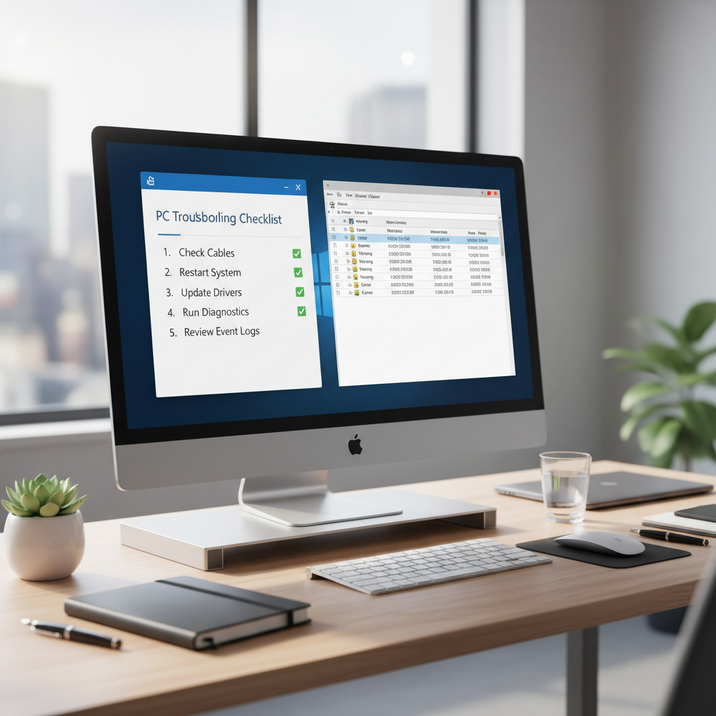Windows PC restart troubleshooting checklist on a desk setup