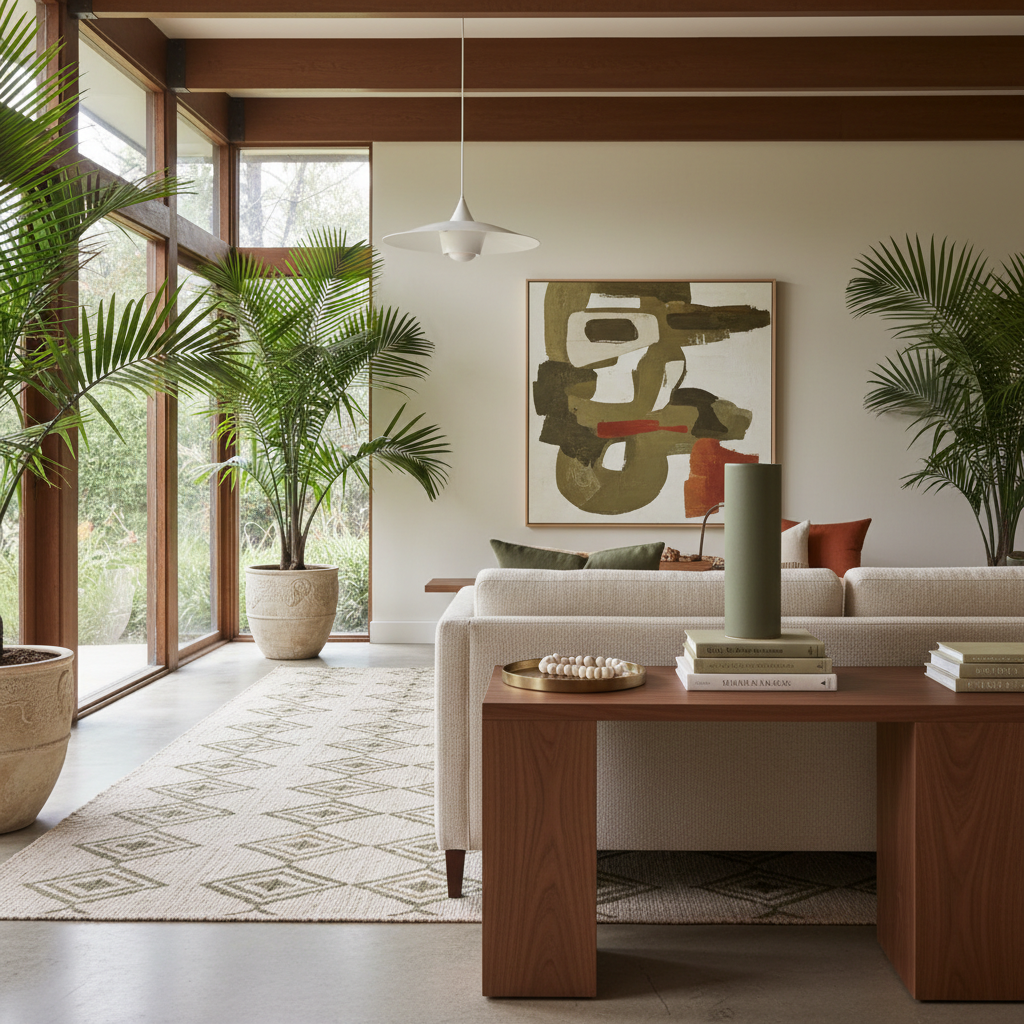 Mid century modern living room with walnut side table and layered decor at different heights