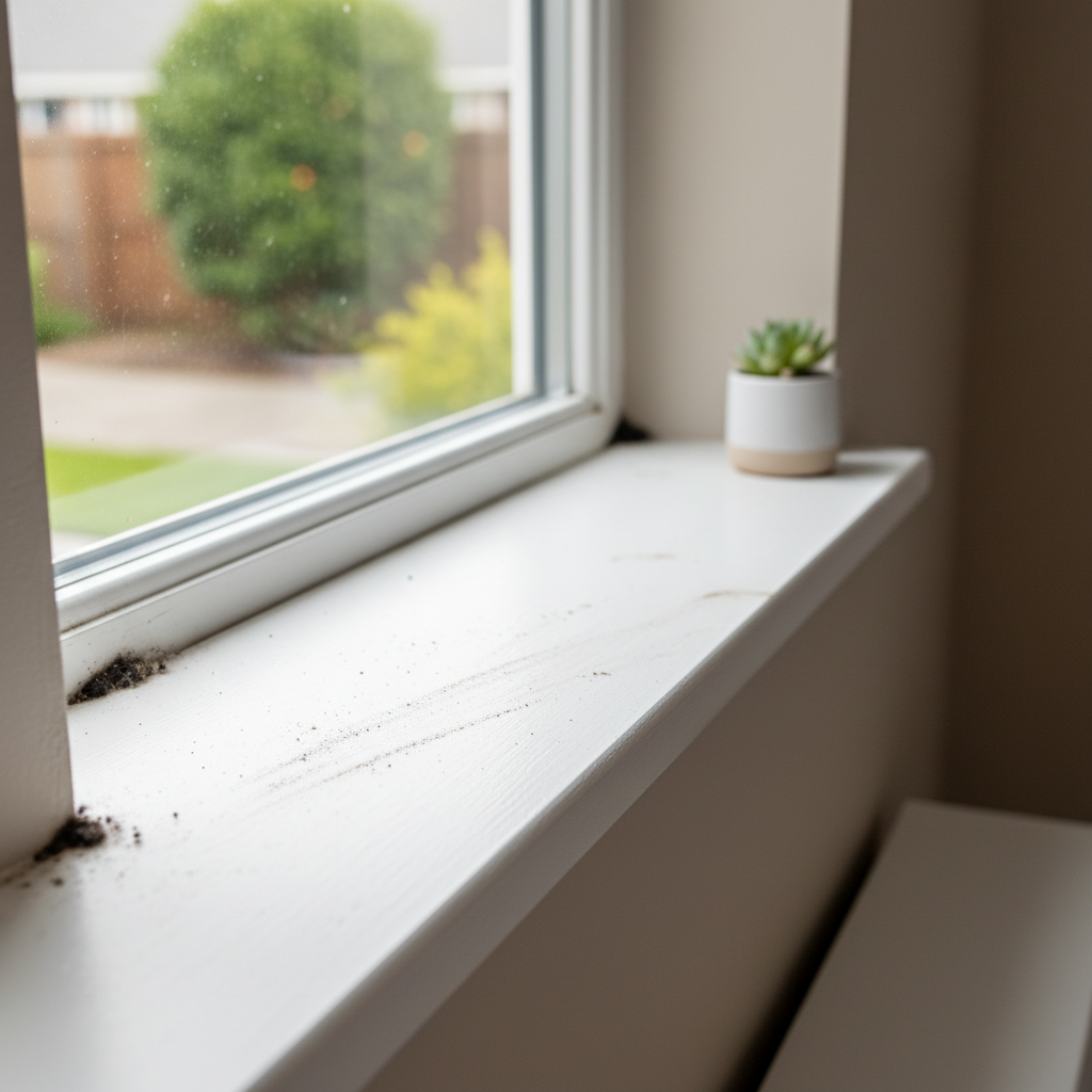 Dirty window sill with dust buildup and mold spots in a home