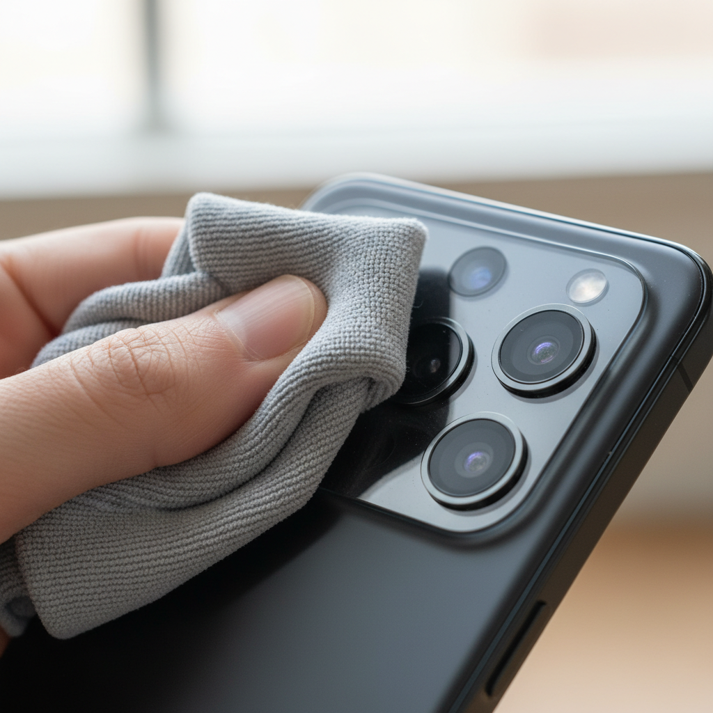 Cleaning smartphone camera lens with microfiber cloth for sharper photos
