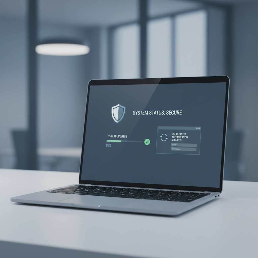IT security checklist on laptop with shield icon and system update concept