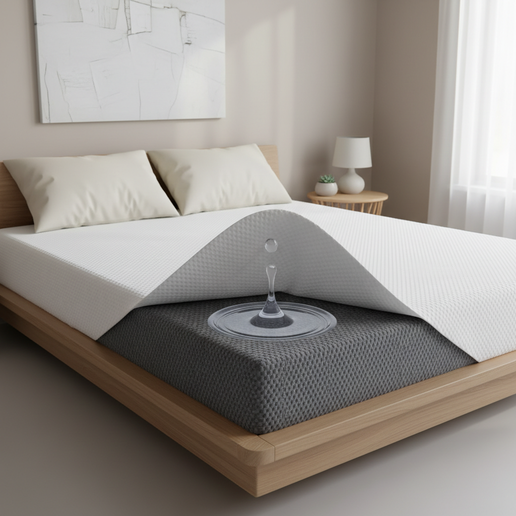 Waterproof mattress protector shielding a bed from spills