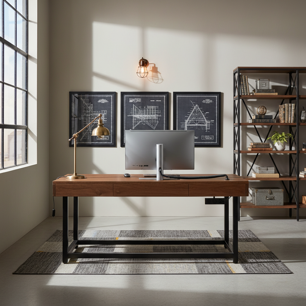 Vintage industrial home office setup with layered lighting, cable management, and anchored shelving