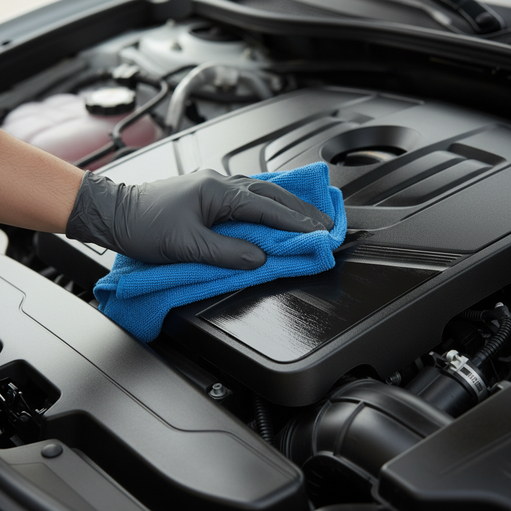 Wiping plastic engine cover clean with microfiber during waterless engine bay detailing