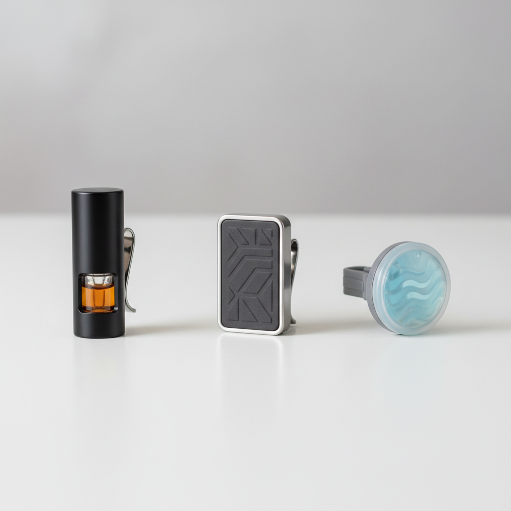 Comparison of car vent air freshener types on a desk: oil clip, solid block, gel pod