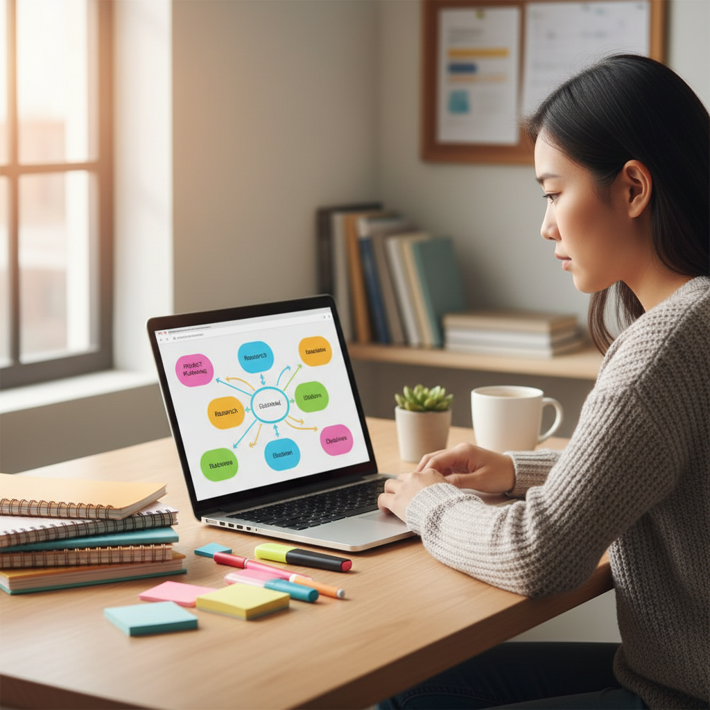 Student using an online mind map tool for studying and exam planning