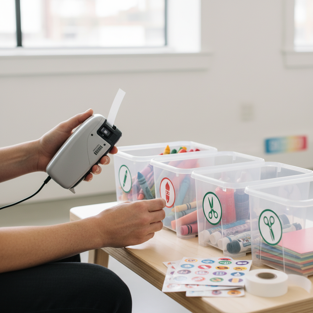 Labeling kids art supply bins with picture labels and simple categories