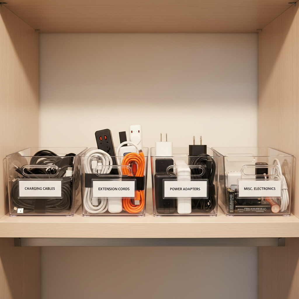 Labeled bins and cable ties used to organize charging cables and extension cords in a closet shelf