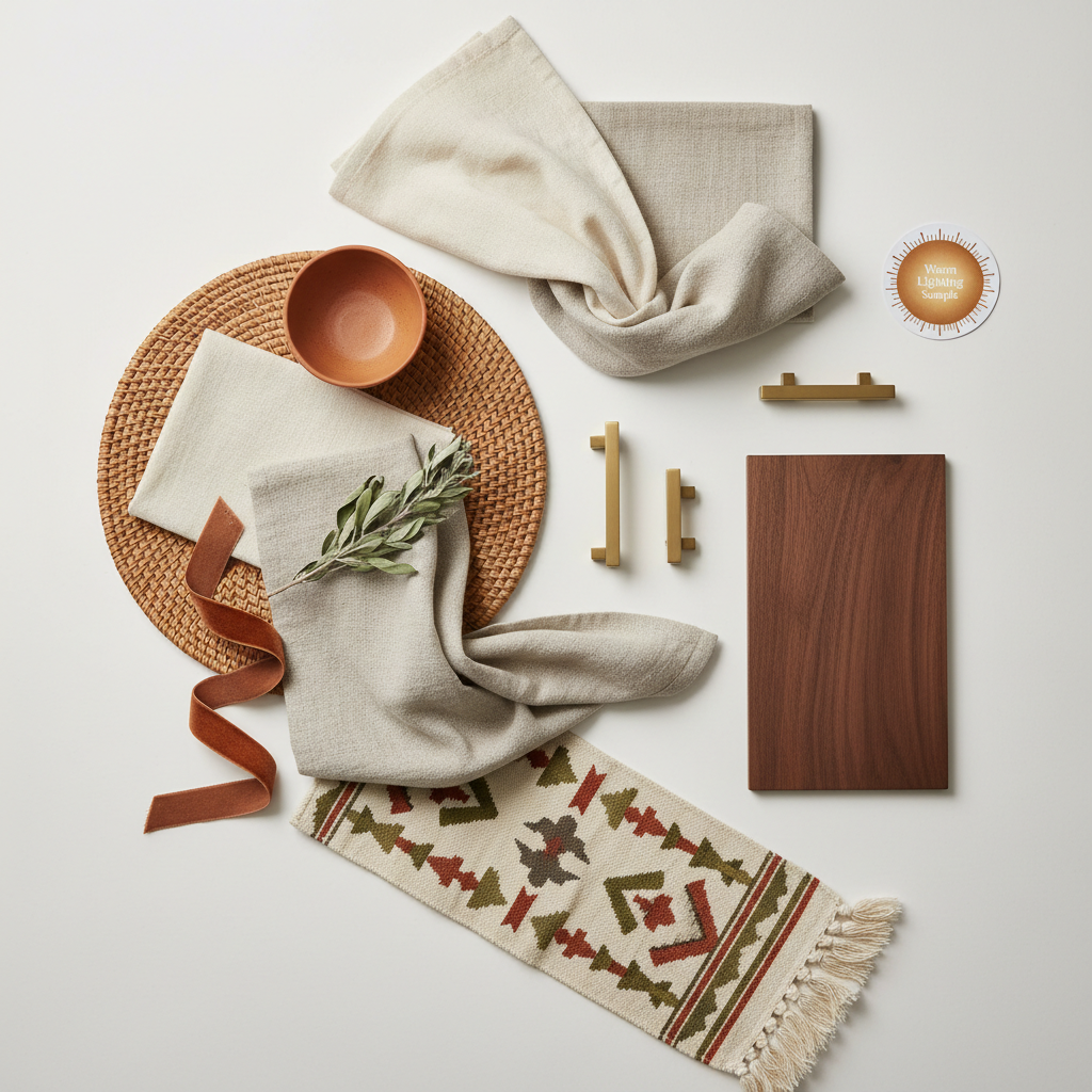 Eclectic boho bedroom palette board with textiles, wood, and brass accents