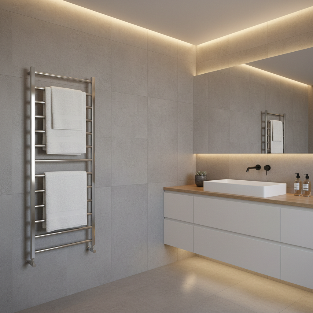 Modern bathroom with wall-mounted heated towel rack warming fluffy towels