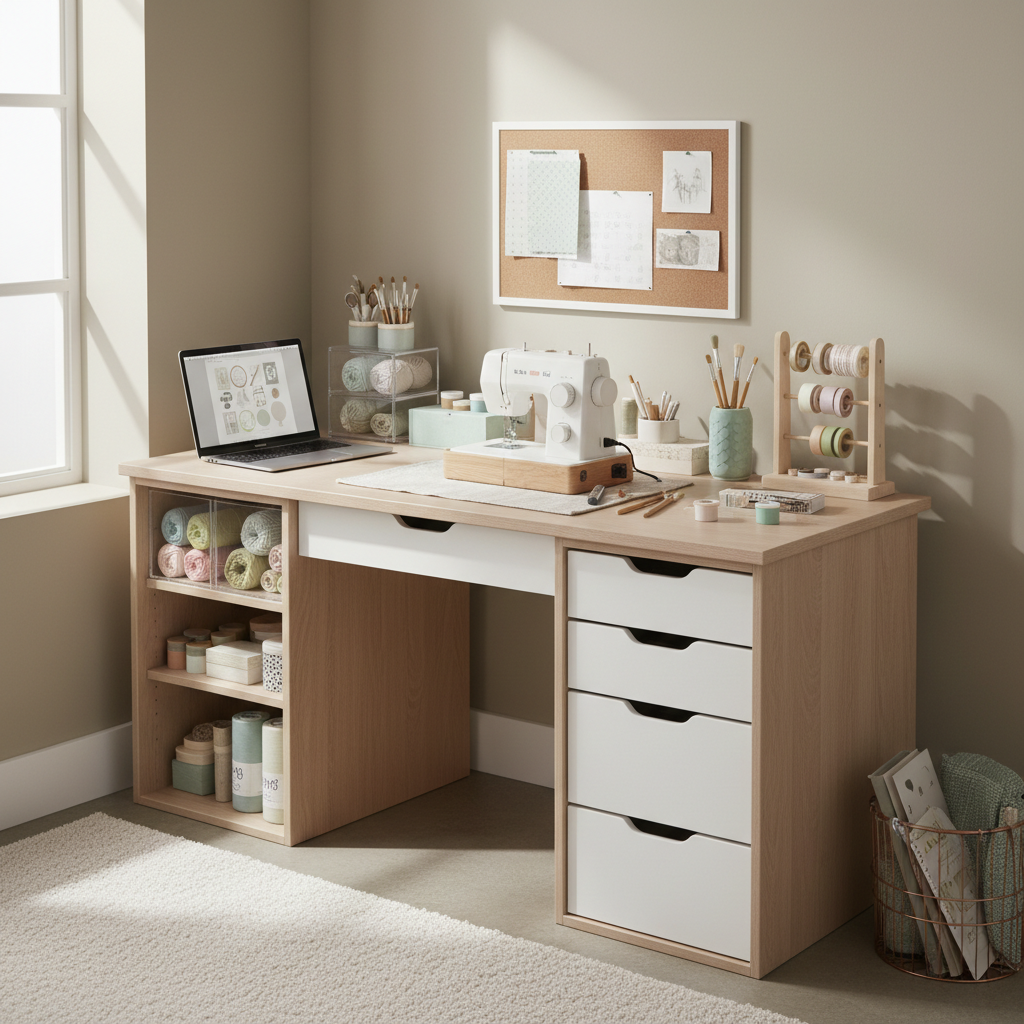 Small space craft table with storage drawers in a compact home workspace