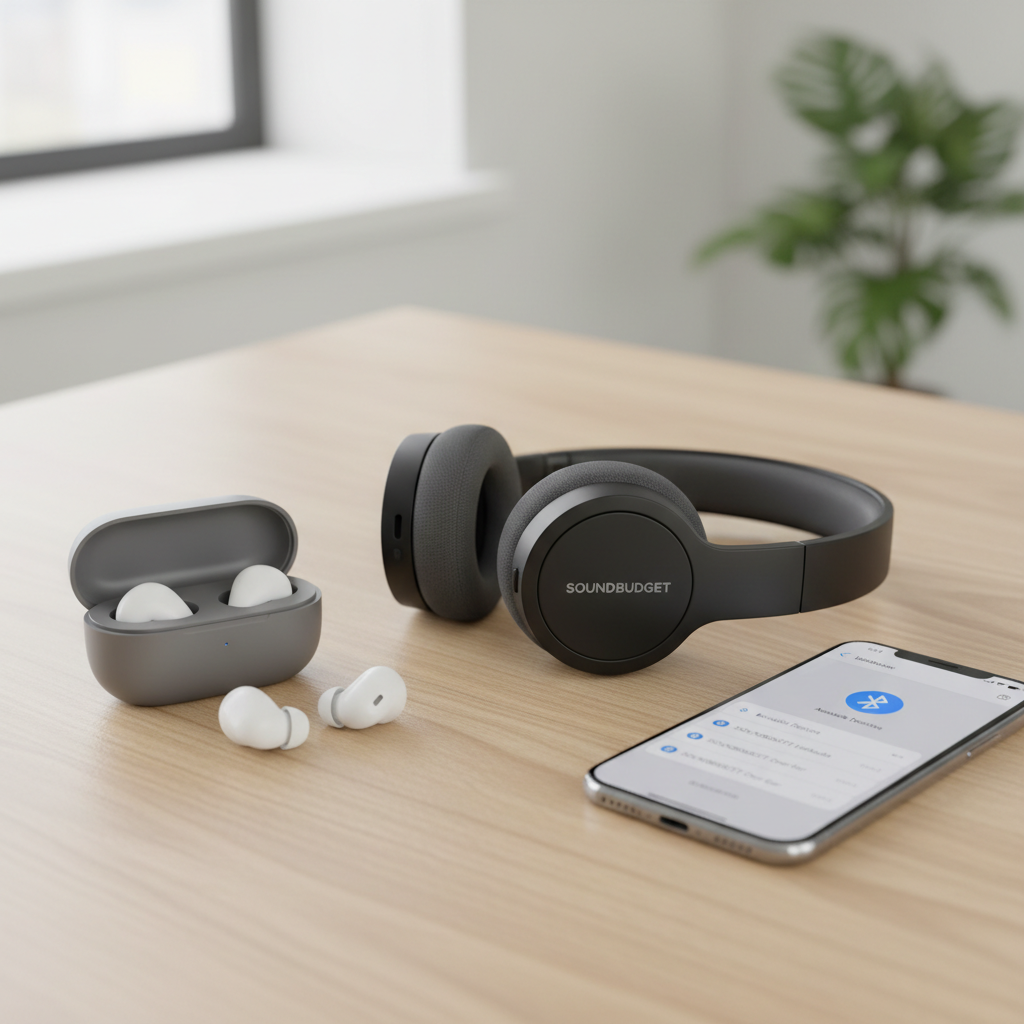Budget wireless headphones under $50 on a desk with phone and charging cable