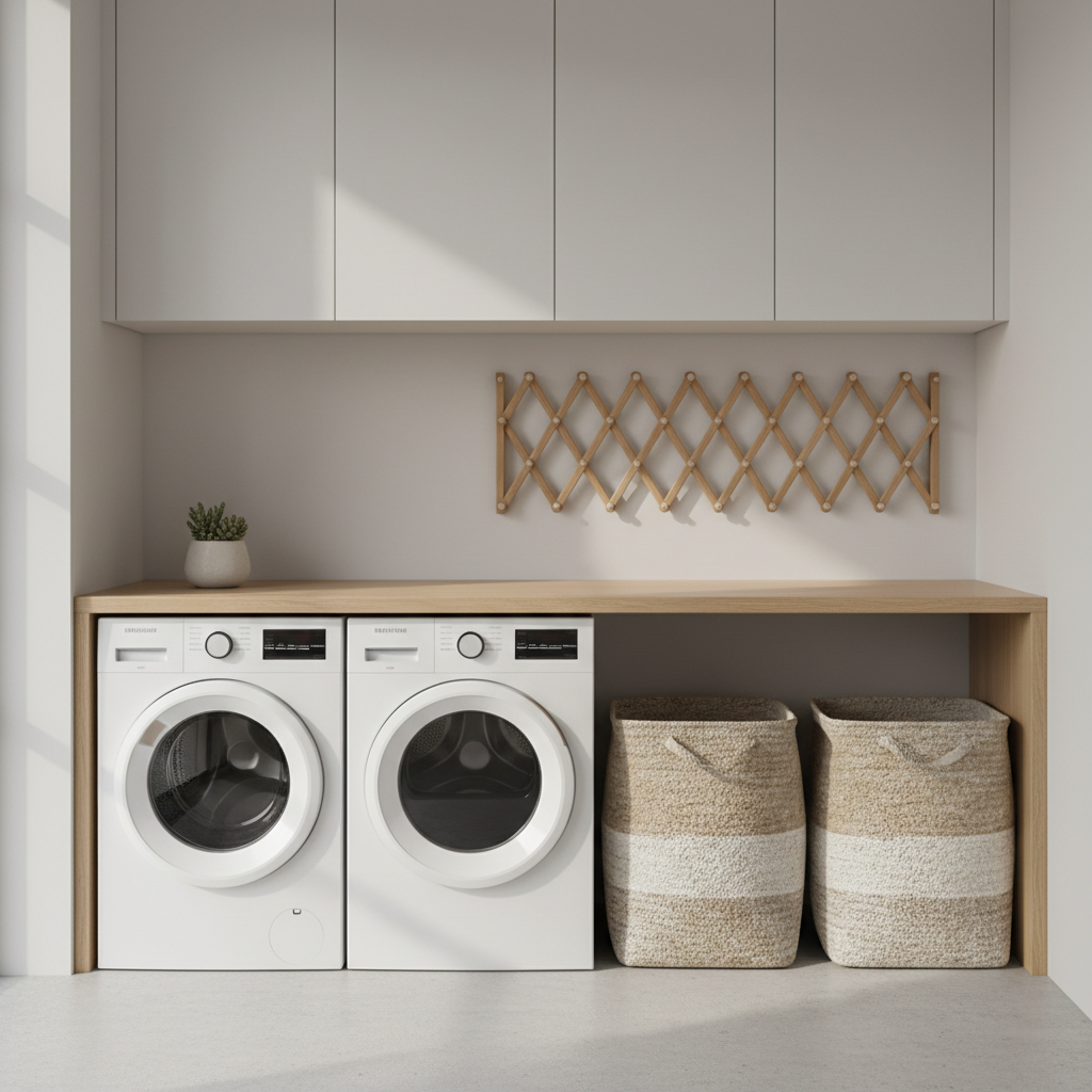 Minimal laundry room folding station with wall-mounted drying rack and neutral storage