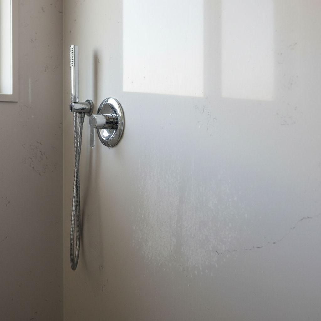 Water spots and dull mineral haze on quartz shower wall close-up