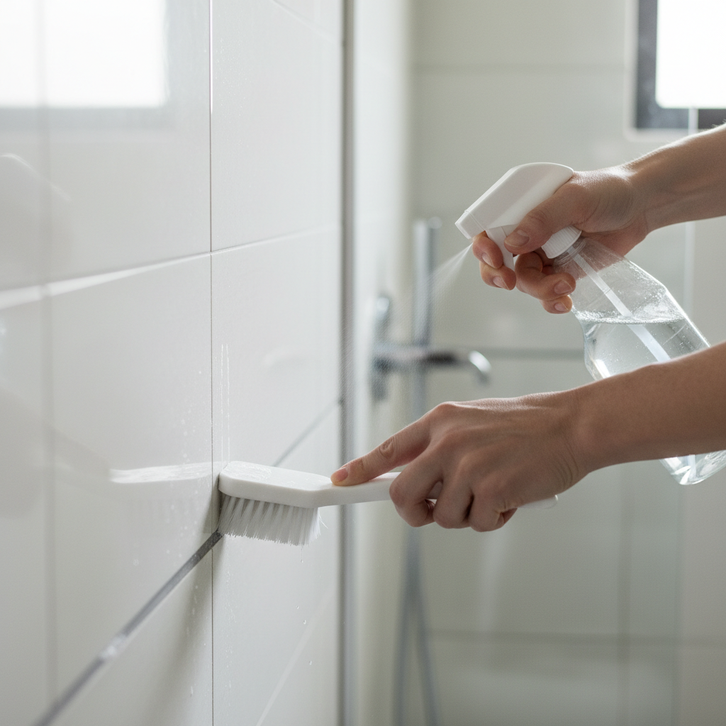 Cleaning grout lines on bathroom tile with brush and spray bottle