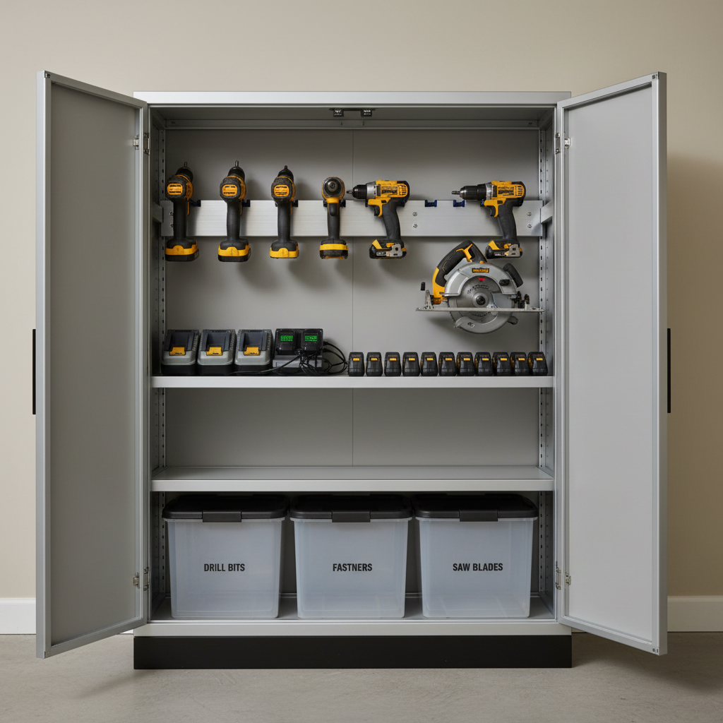 Organized garage cabinet with cordless power tools, batteries, and chargers