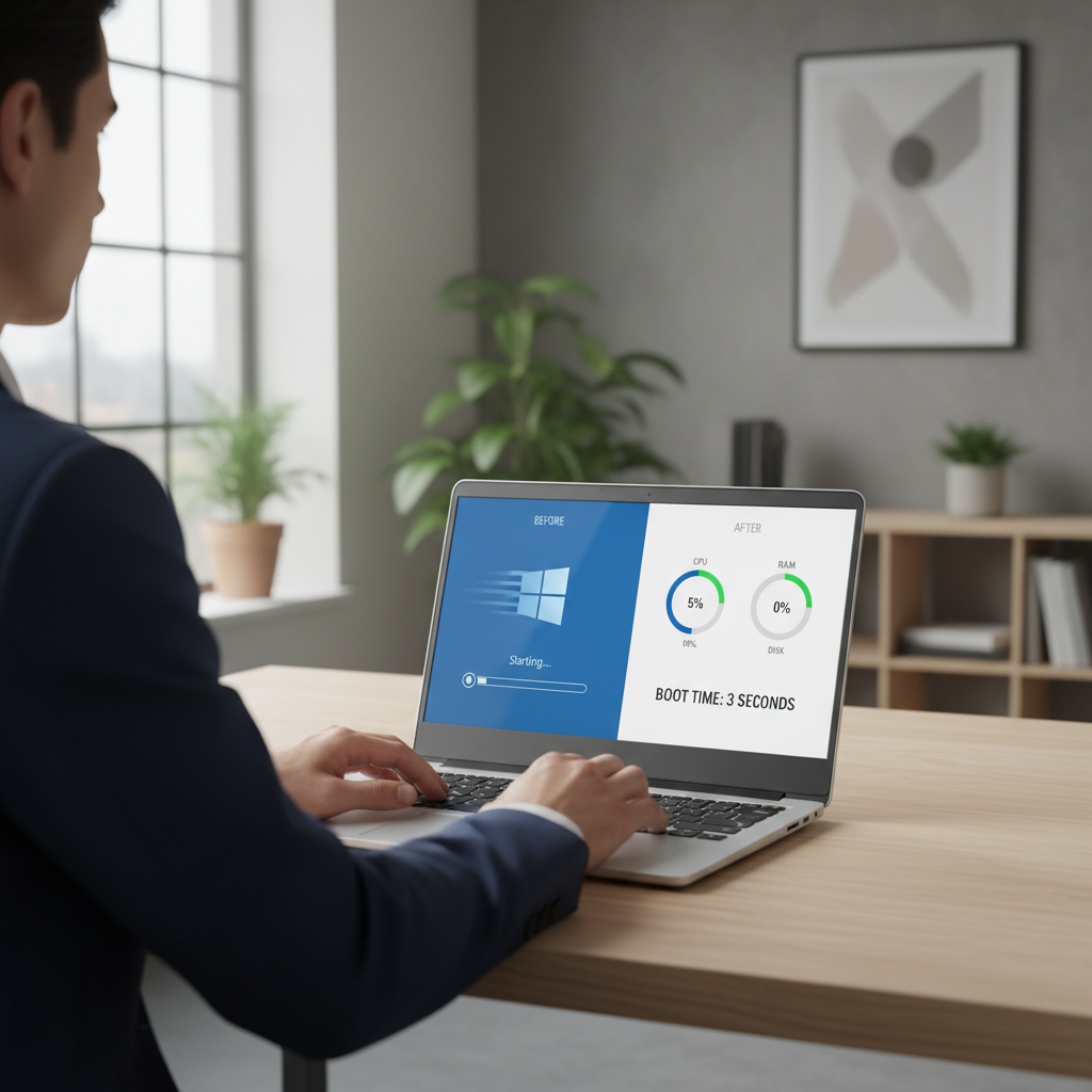 Laptop performance improvement concept after disabling startup programs