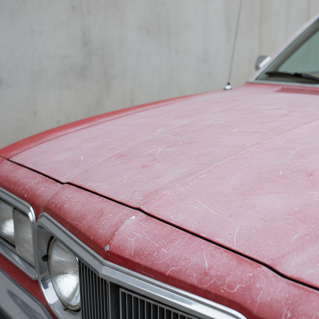 Oxidized, faded car paint on an older vehicle before polishing