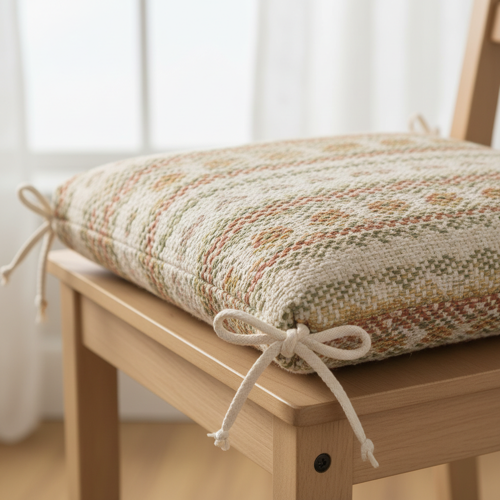 Close-up of boho patterned dining chair cushion with textured fabric and ties