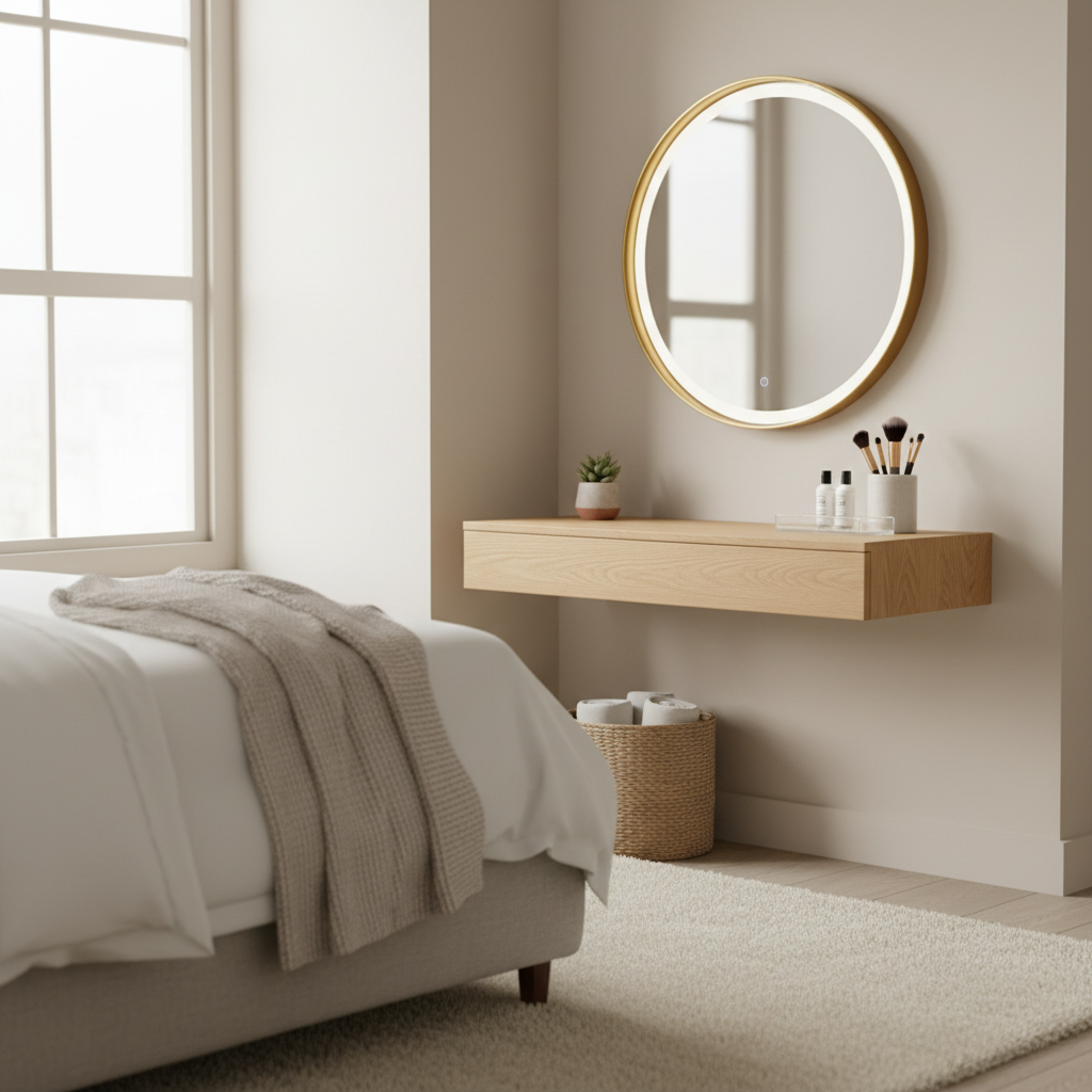 Small space vanity table with mirror in a compact bedroom corner