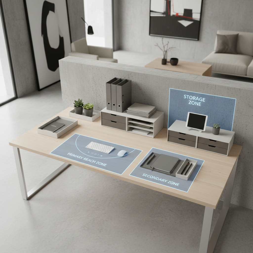 Desk organization zones diagram with reach area and storage area