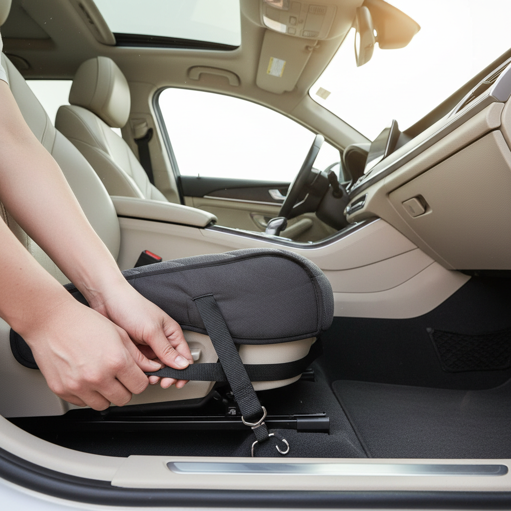 Under-seat anchor straps being tightened during universal car seat cover installation
