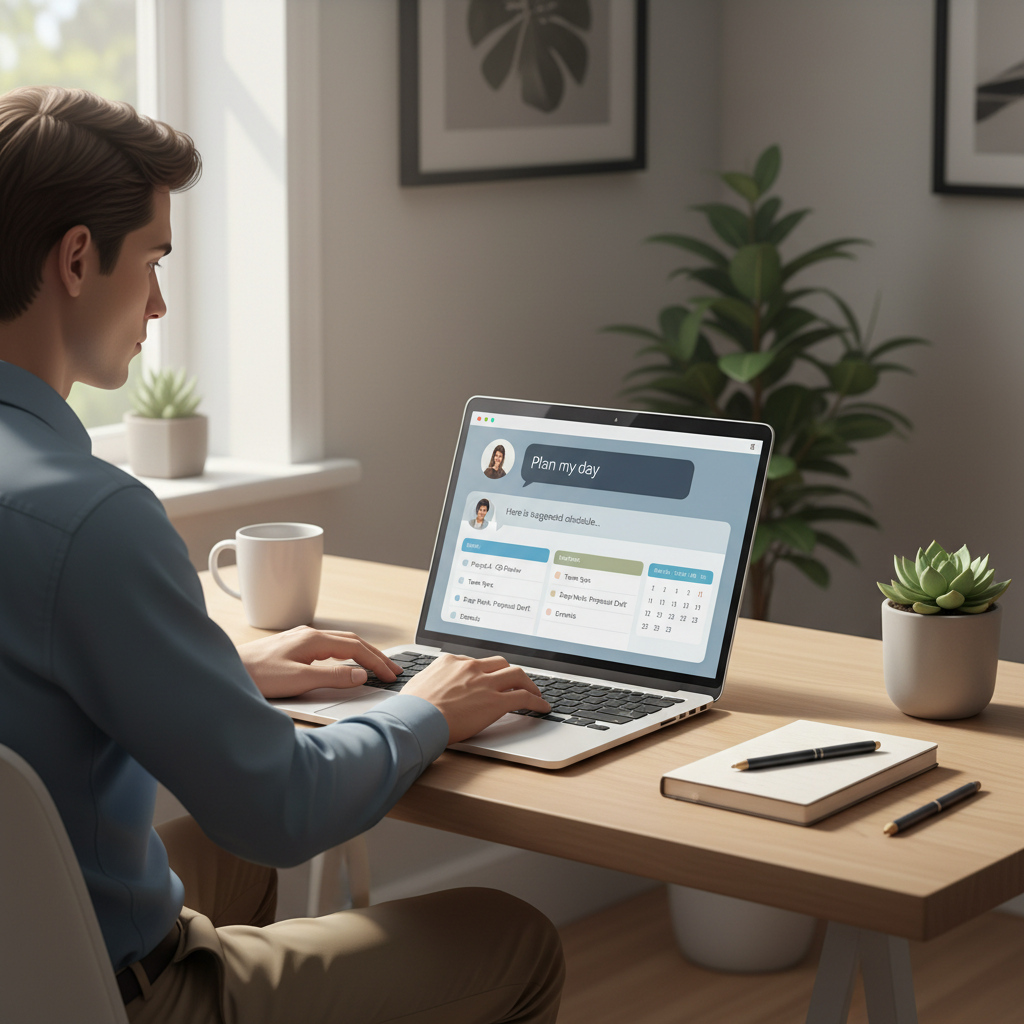 Person using an AI chatbot on a laptop to plan daily tasks and calendar