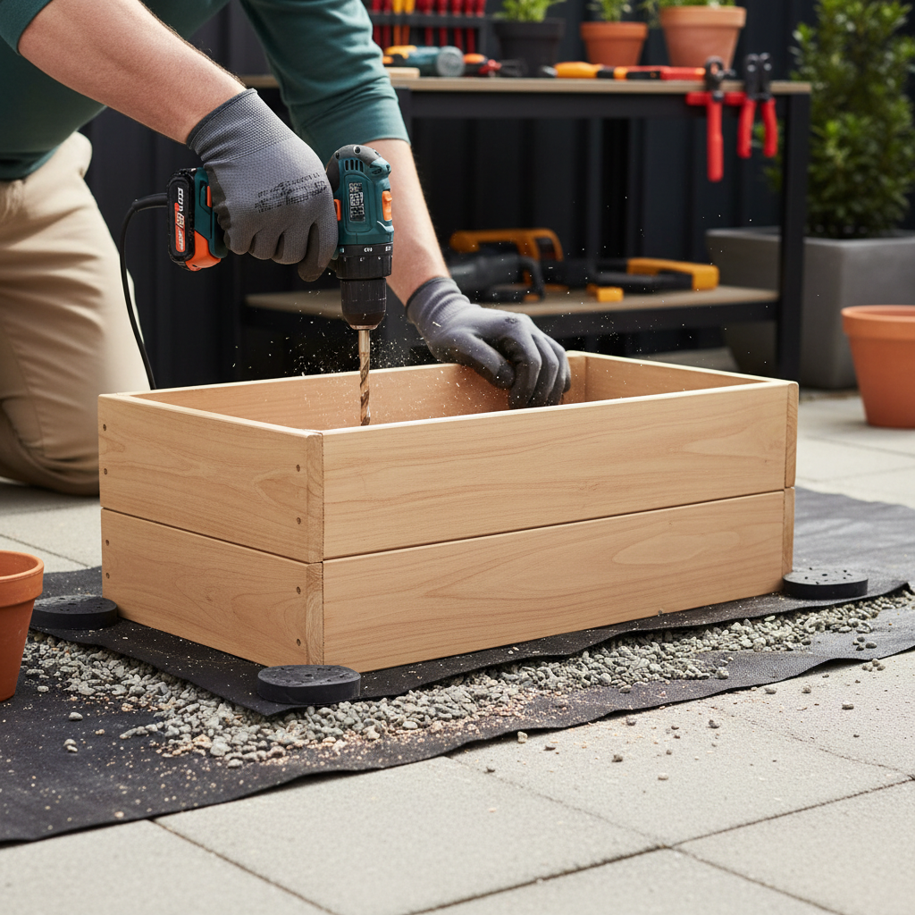 Close-up of drilled drainage holes and gravel layer in a DIY outdoor planter