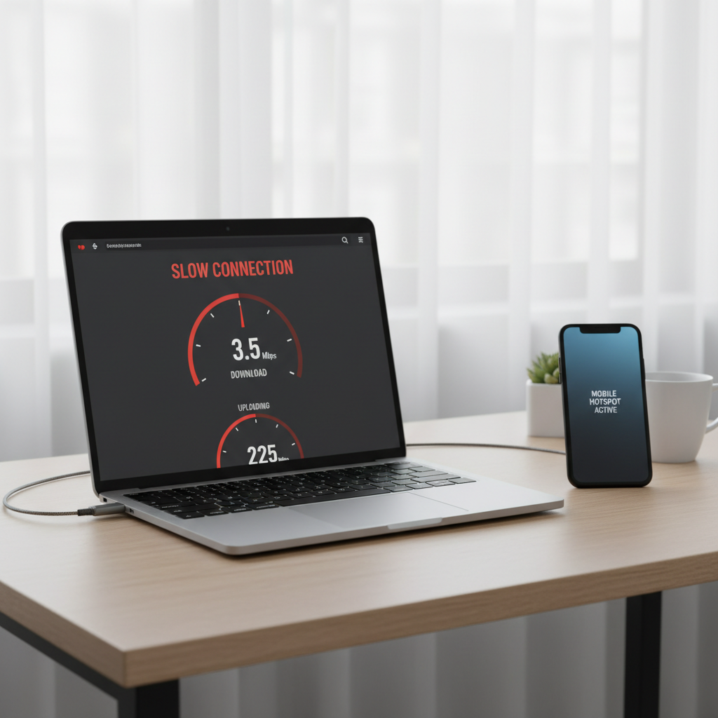 Laptop connected to a mobile hotspot showing slow speed test