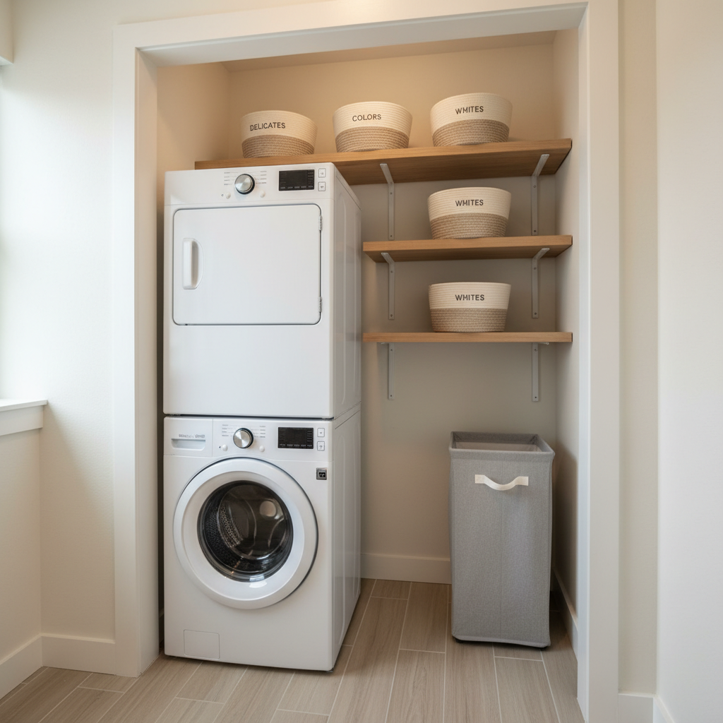 Compact laundry closet with stacked washer dryer and wall shelving