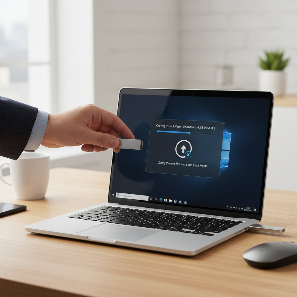 Person safely ejecting a USB flash drive on a Windows laptop during file transfer