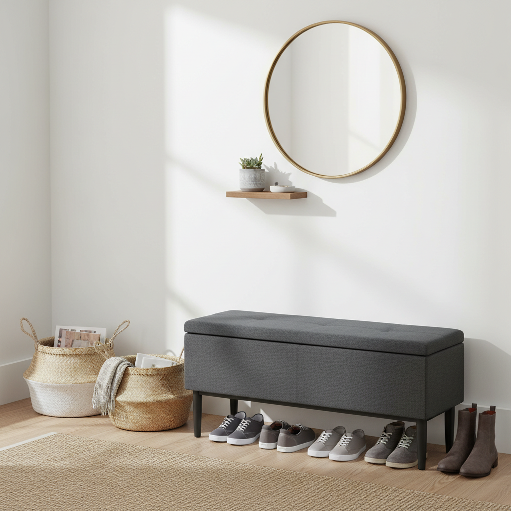 Foldable storage bench in a small entryway hallway with shoes and baskets