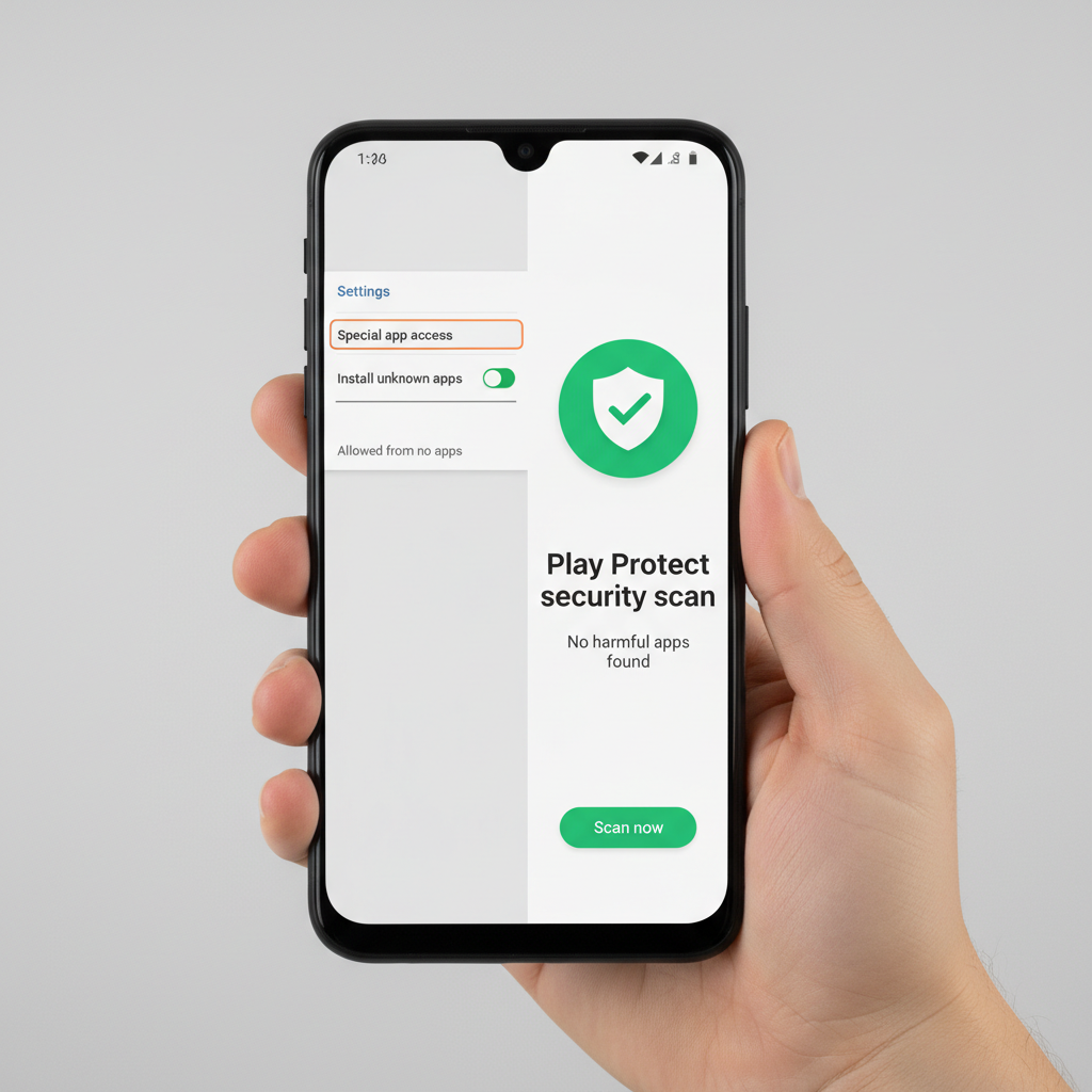 Android settings screen showing install unknown apps permission and Play Protect