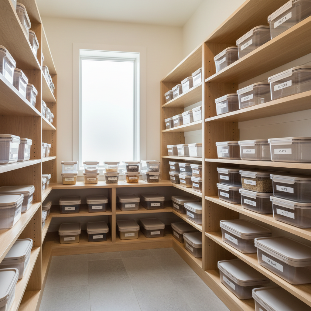 Neatly organized pantry with stackable storage containers and labeled lids