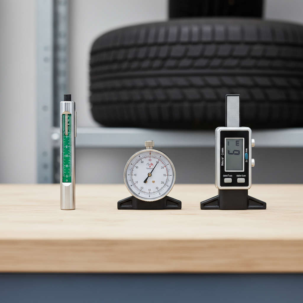 Different types of tire tread depth gauges including pencil, dial, and digital