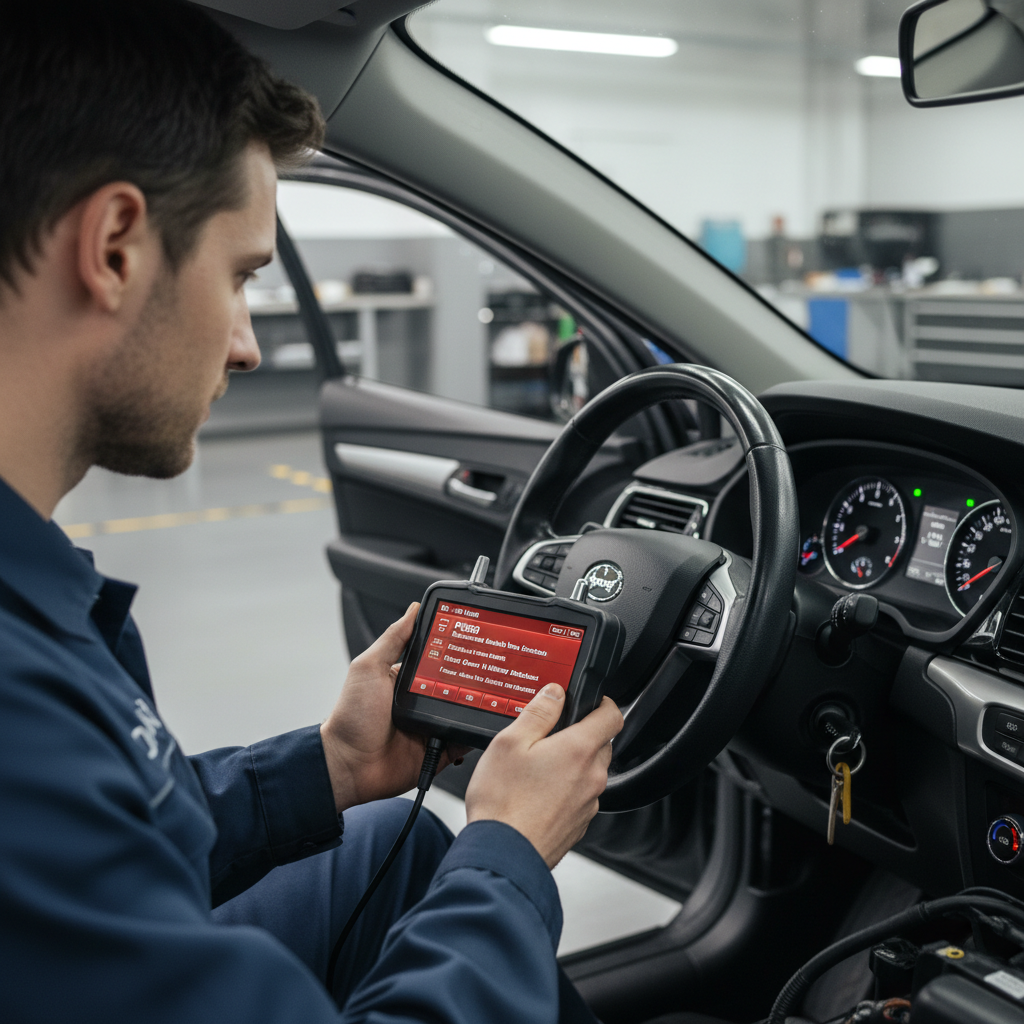 Mechanic scanning a car for misfire codes with an OBD2 scanner