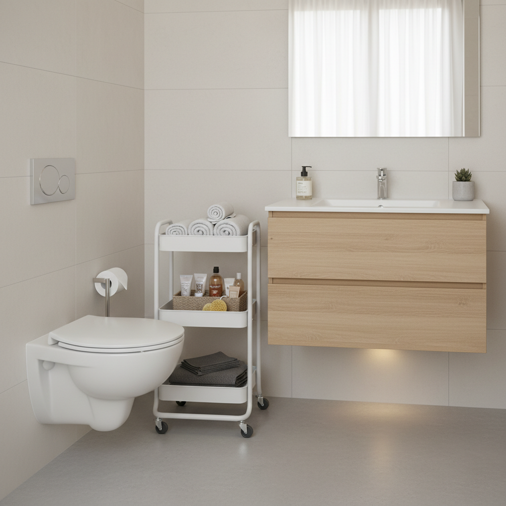Slim rolling cart tucked between toilet and vanity in a narrow bathroom